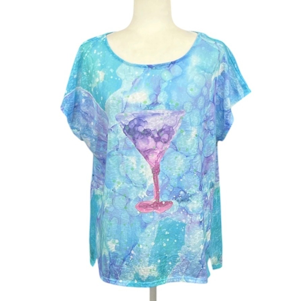 Art & Sol T-Shirt Women XL Watercolor Martini Glass Resort Island Beach Vaca